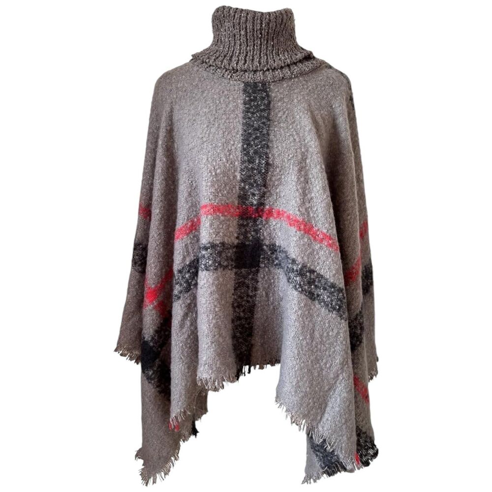 Knit Winter Sweater Poncho One Size Turtleneck Fringe Hem Cabin Core Winter Fall